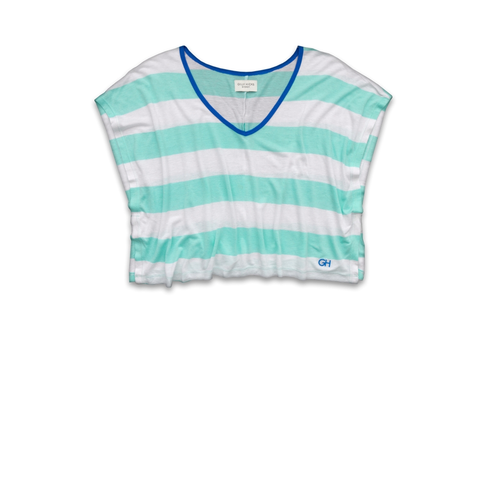 Womens Stripe V-Neckline Cropped Tee