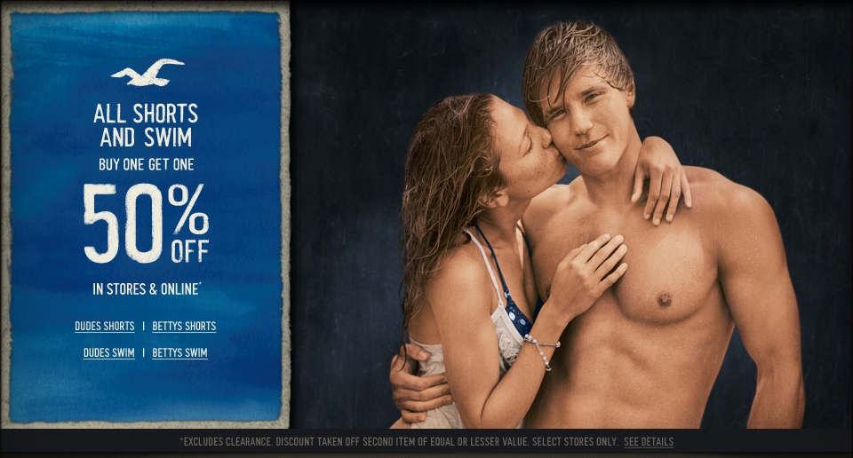 All Hollister Co. Shorts & Swim is buy one get one 50% off, in stores and online for a limited time!