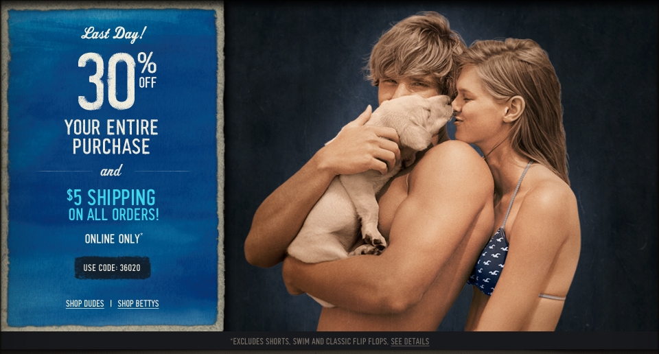 Take 30% off your entire purchase at HollisterCo.com, use code 36020!