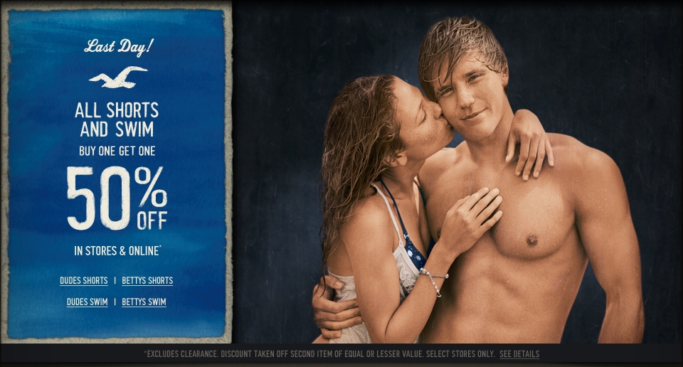 All Hollister Co. Shorts & Swim is buy one get one 50% off, in stores and online for a limited time!