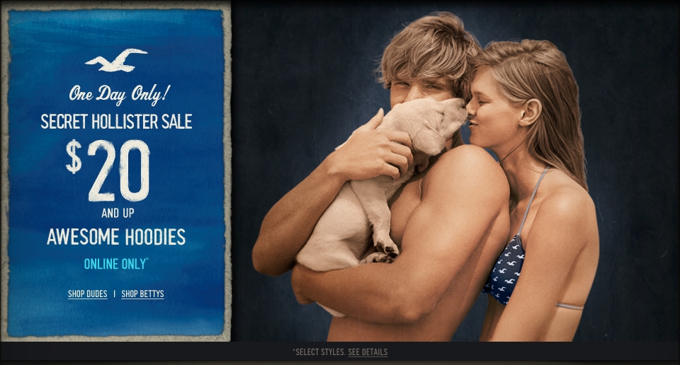 Today Only, Hollister Hoodies are $20 an up!  Online only!