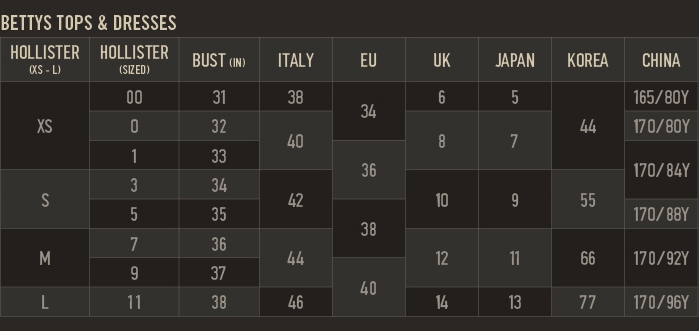 hollister bikini size chart