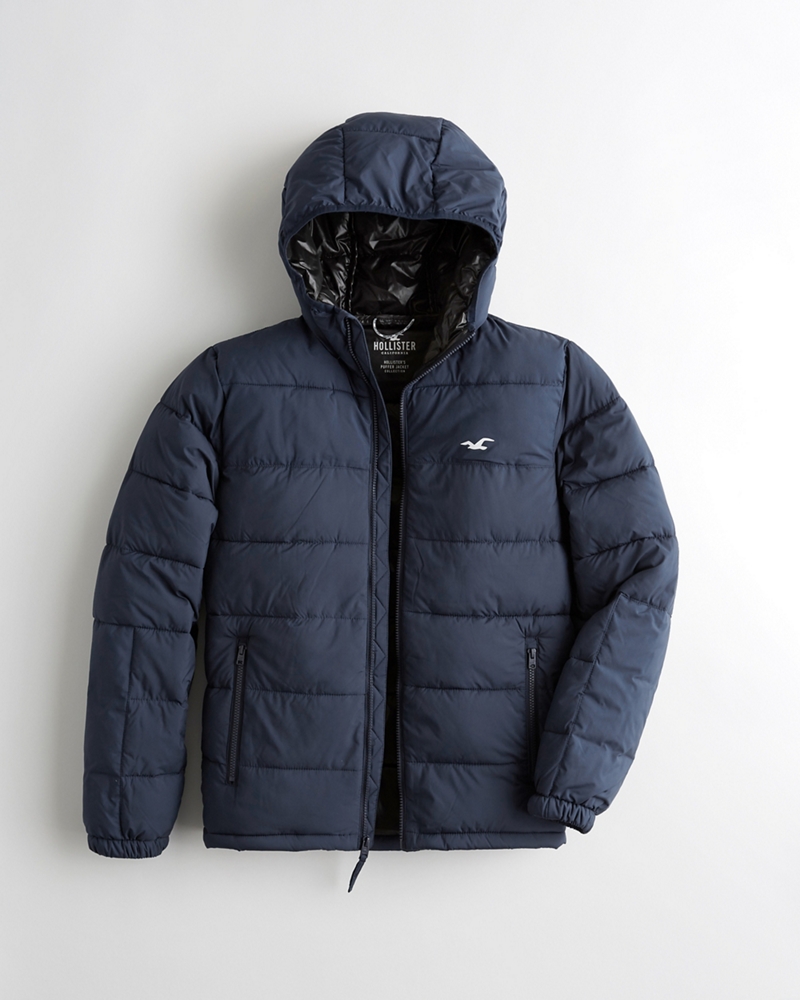 recycled fill hooded puffer jacket hollister