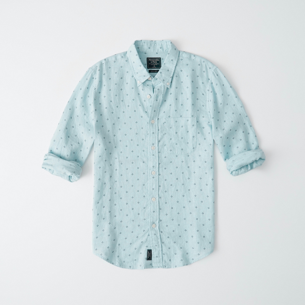 Mens Pattern Button-Up Linen Shirt 