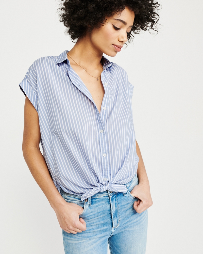Short-Sleeve Tie-Front Poplin Shirt
