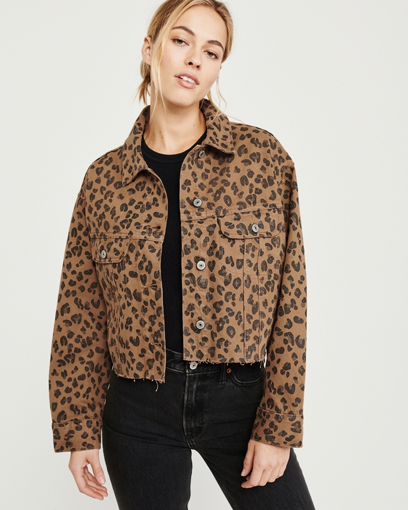 Cropped Leopard Print Girlfriend Denim Jacket