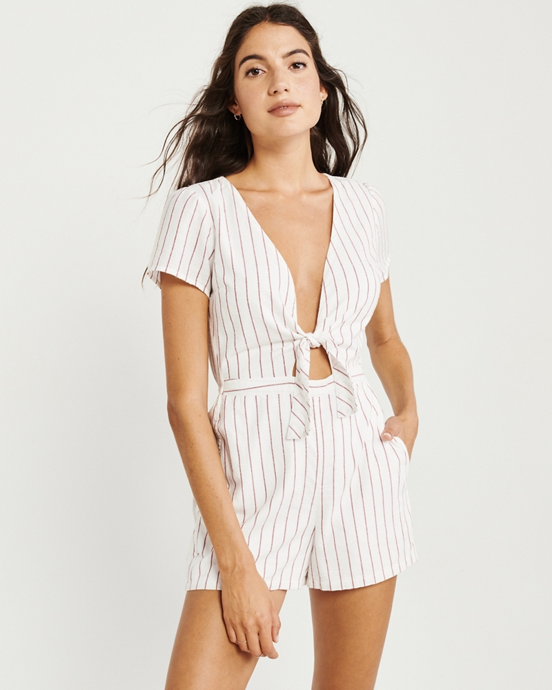 Tie-Front Linen-Blend Romper