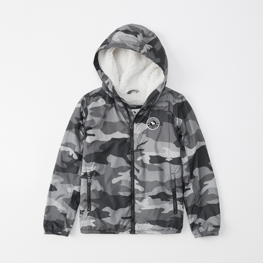 camo sherpa-lined windbreaker