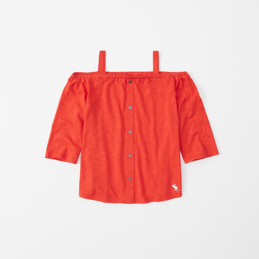 off-the-shoulder button-up top