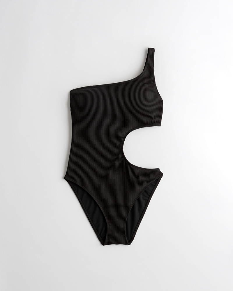 cutout ribbed one shoulder swimsuit