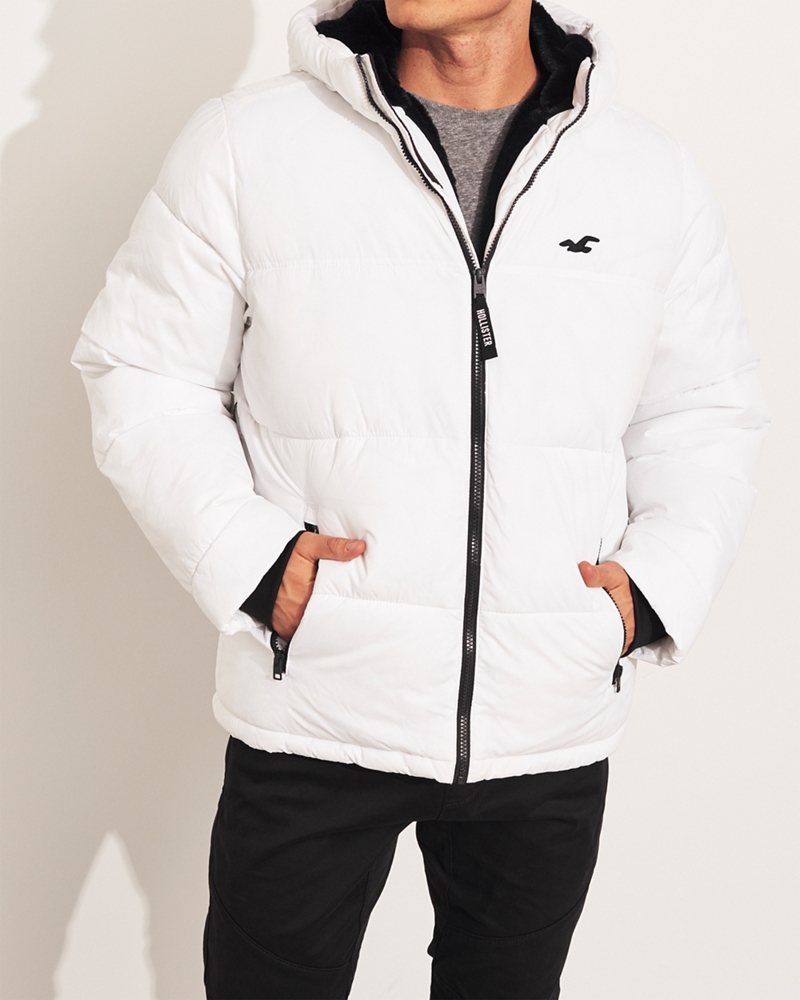 hollister hooded puffer jacket icon logo in black