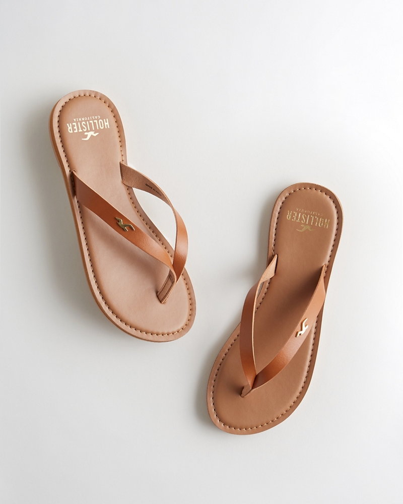 hollister brown leather flip flops