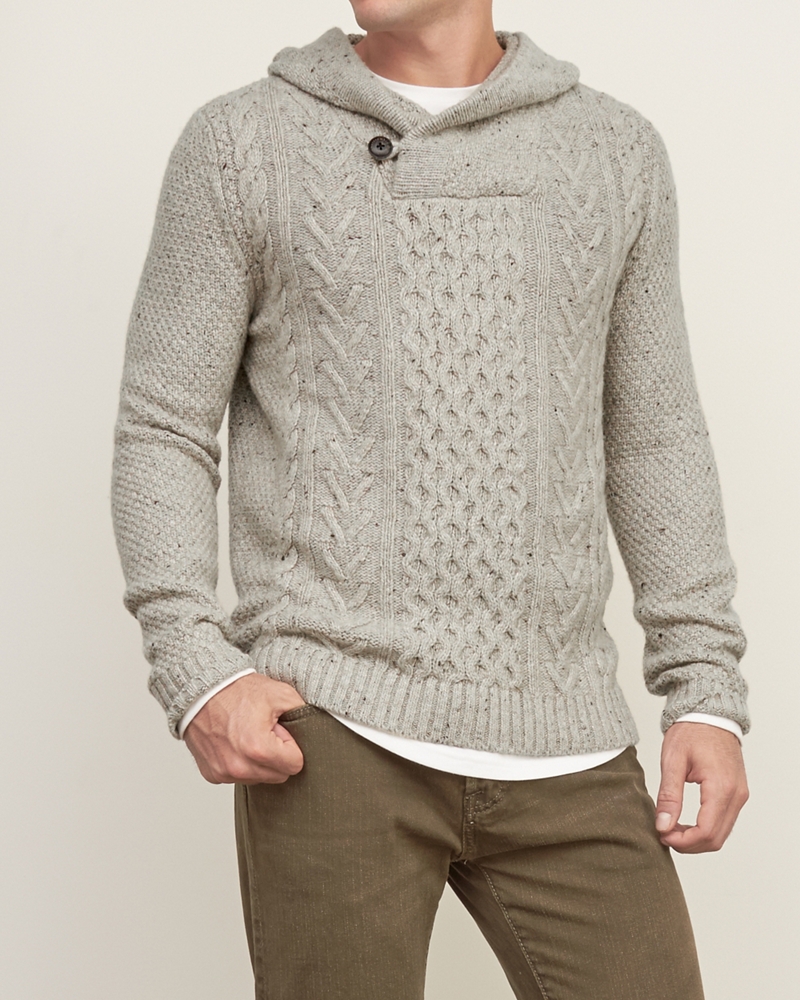 Mens Cable Henley Hoodie Mens Sweaters