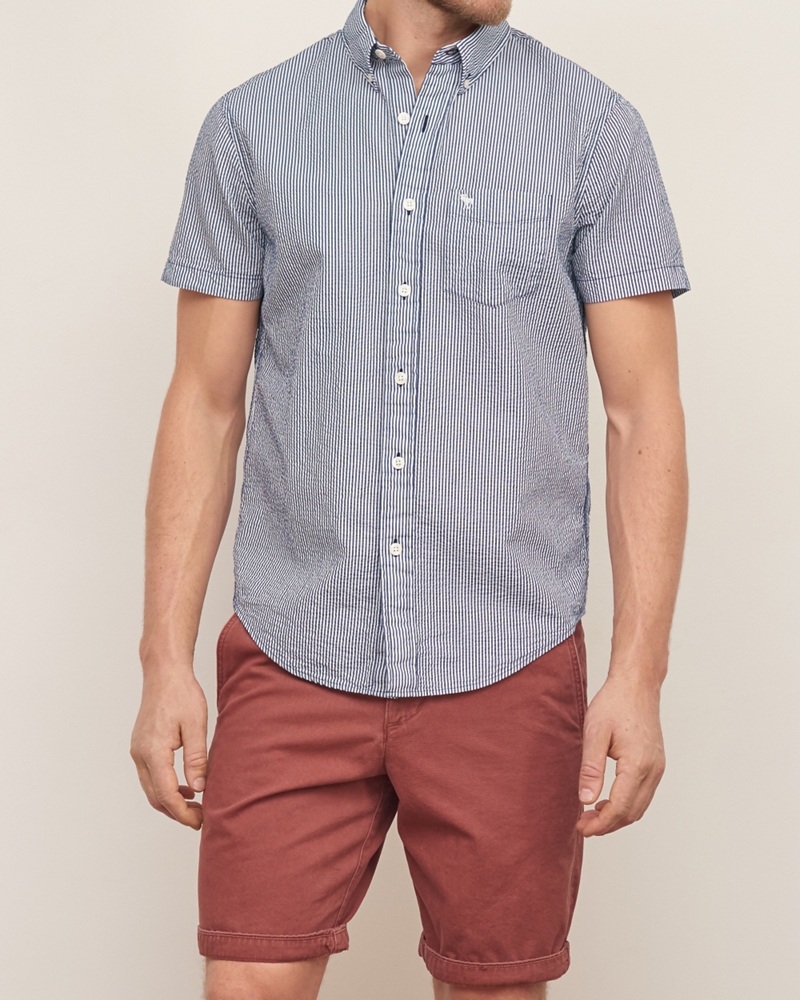 Mens Iconic Seersucker Short Sleeve Shirt | Mens Tops | Abercrombie.com