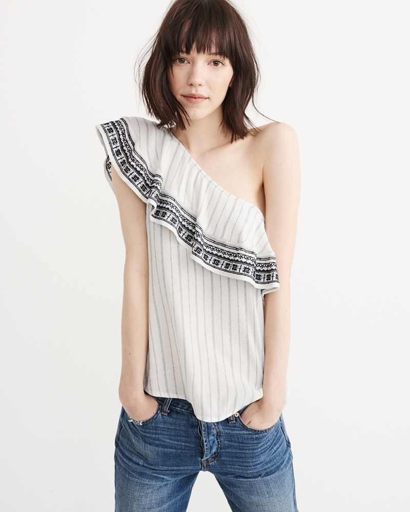 Womens Embroidered OneShoulder Ruffle Top Womens Tops