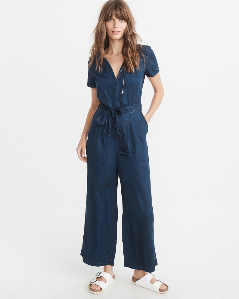 Womens ShortSleeve Denim Jumpsuit Womens Dresses & Jumpsuits
