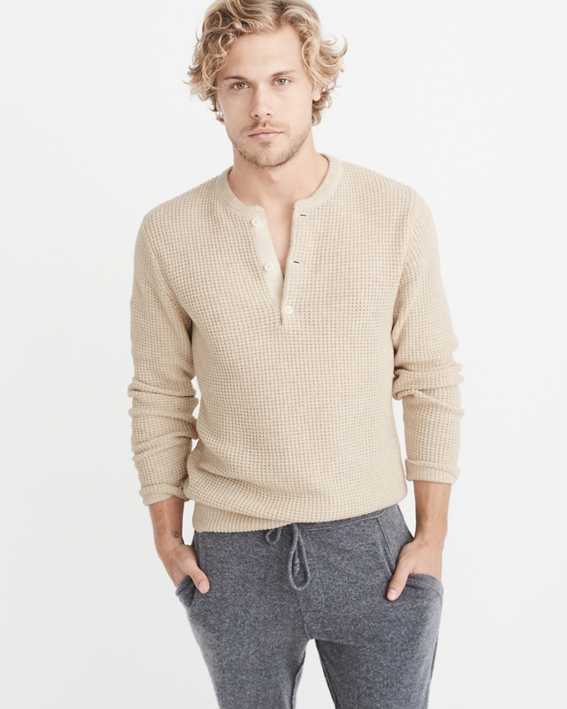 Mens Waffle Henley Sweater Mens Tops