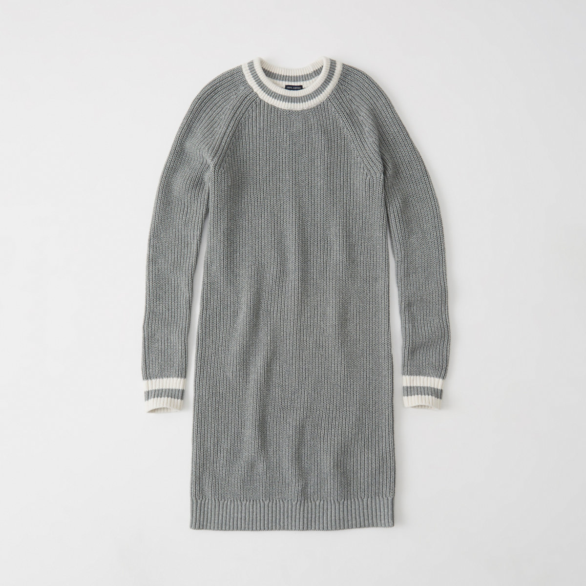 Varsity sweater dress with crew neckline and varsity trim.