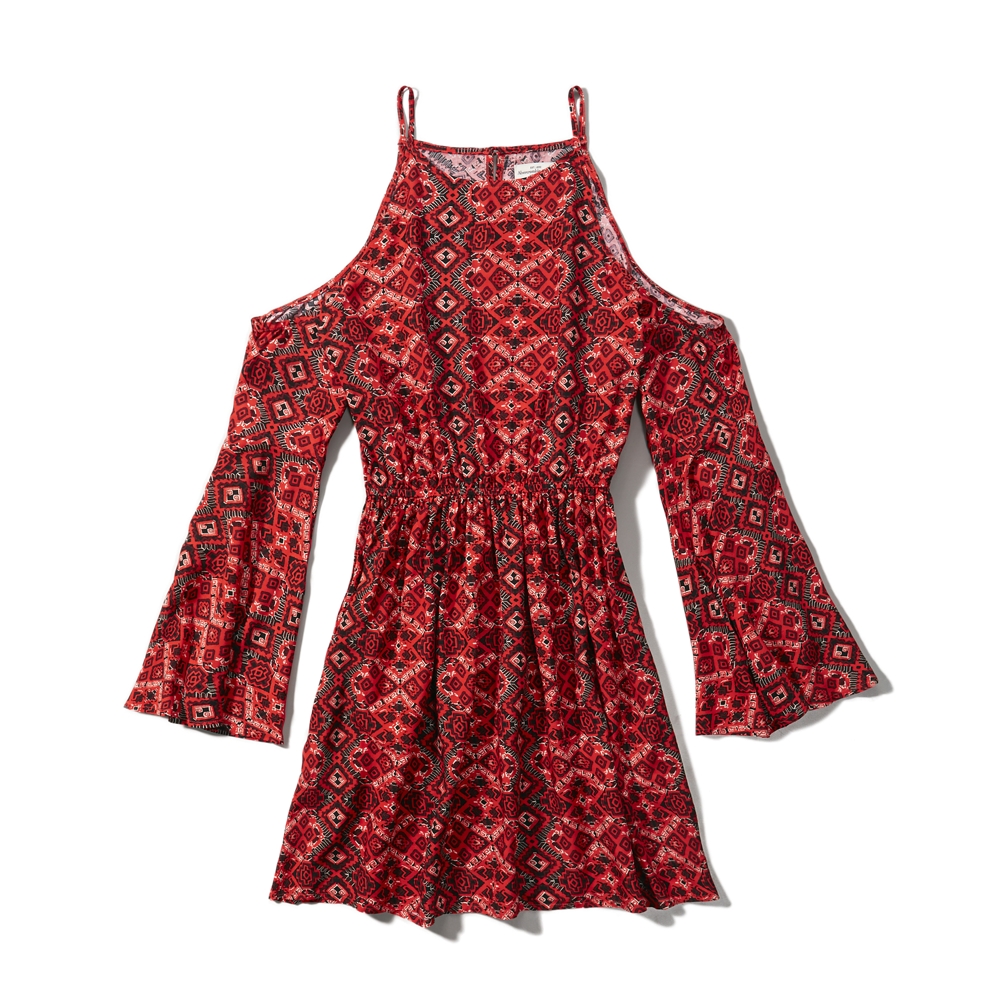 Patterned Open Shoulder Boho Dress