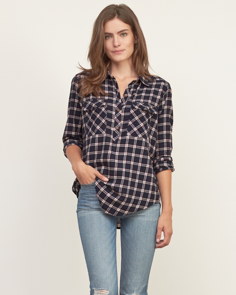 Womens Plaid Twill Shirt Womens Tops