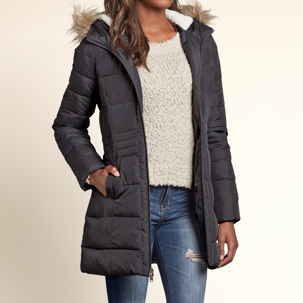 Hollister Parka Puffer Jacket Coat Faux Fur Hooded Black Sz Large NEW