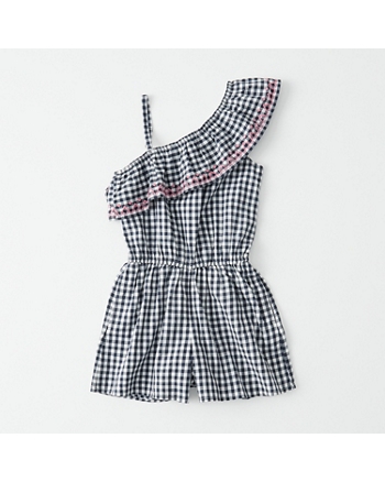 KIDS CHECKERED OFF THE SHOULDER ROMPER